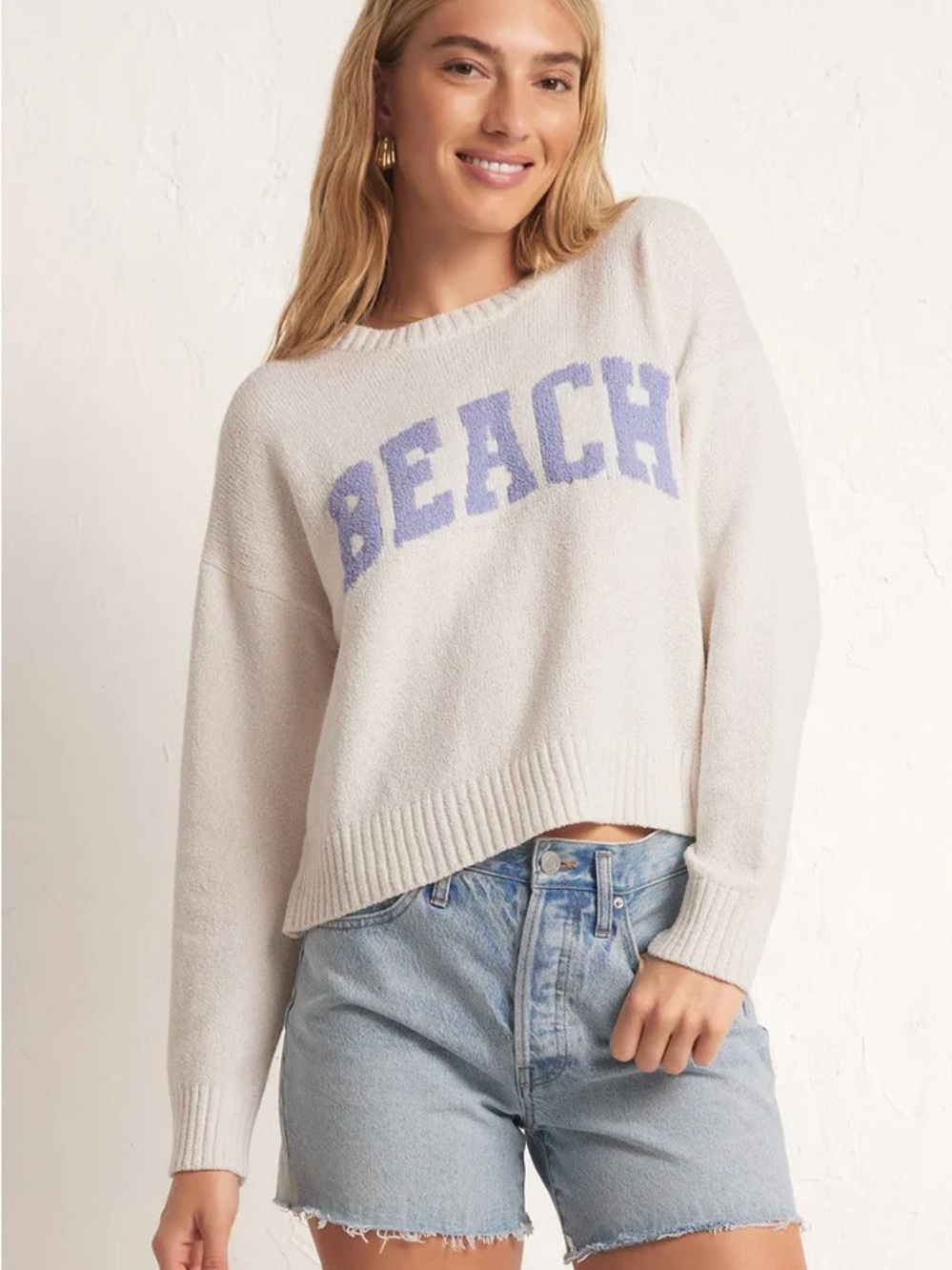 Z Supply Cream Crewneck Sweater with Lavender BEACH Graphic